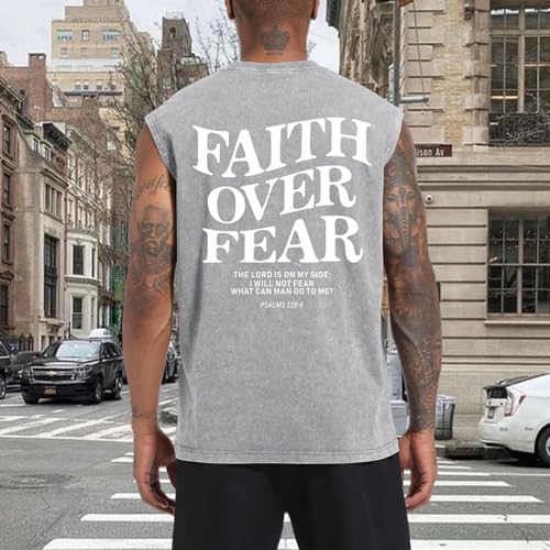 Mens Christian Sleeveless Shirts Faith Over Fear Graphic Tank Tops Gym Workout Acid Wash Tanks Cut Off Muscle Shirt - color: Light Gray, size: XX-Large