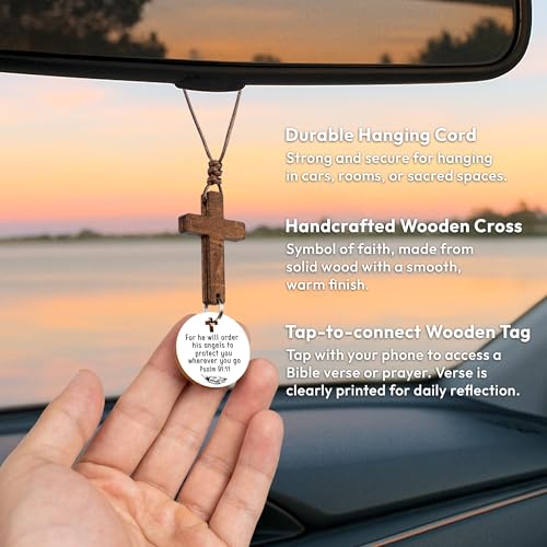 Christian Gifts for Men, Daily Bible Verse Cross for Car Mirror Hanging - color: Psalm 91:11 (White)