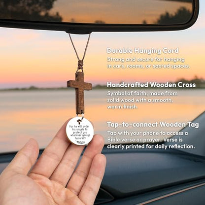 Christian Gifts for Men, Daily Bible Verse Cross for Car Mirror Hanging - color: Psalm 91:11 (White)
