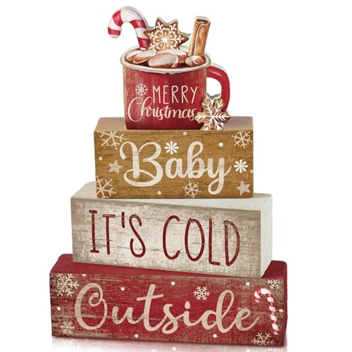 Moucuny 4 Pcs Christmas Table Decorations Indoor, Hot Cocoa Wood Block Sign - style: Cocoa