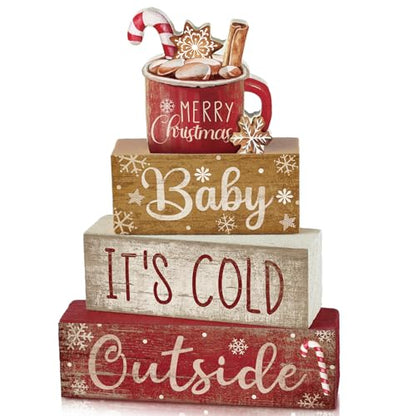 Moucuny 4 Pcs Christmas Table Decorations Indoor, Hot Cocoa Wood Block Sign - style: Cocoa