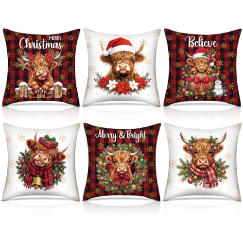 FuWeave 6 Set Christmas Pillow Covers 18 x 18 Highland Cow Pillow Case - style: Highland Cow Buffalo Plaid