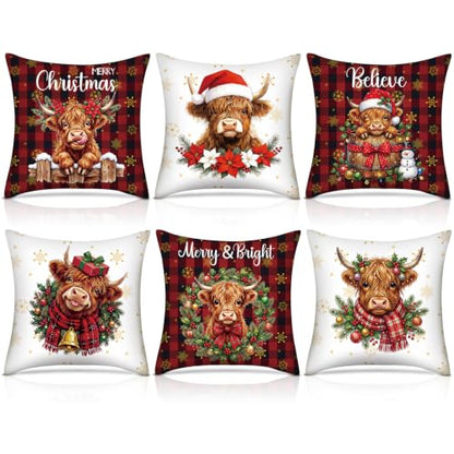 FuWeave 6 Set Christmas Pillow Covers 18 x 18 Highland Cow Pillow Case - style: Highland Cow Buffalo Plaid