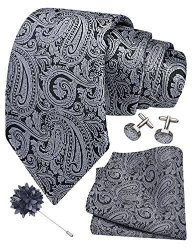 GUSLESON 3.15"（8cm） Mens Tie and Lapel Pin Paisley Necktie Hankerchief Cufflinks Set for Men - color: Gray Black