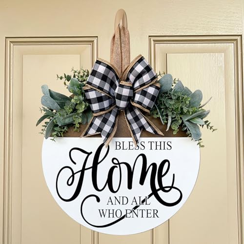 Bless This Home Welcome Sign for Front Door, Rustic Wood Wall Decor Porch Wreaths Hanging Door Decorations for Home Outdoor for Spring Summer Fall All Seasons Holiday - color: White-14 Inch