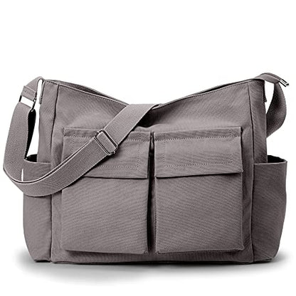 KALIDI Canvas Tote Bag Zipper Large Crossbody Shoulder Bag Messenger Bag - color: Upgraded Grey