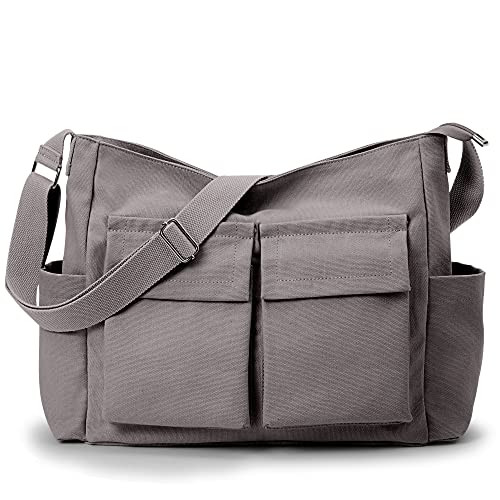 KALIDI Canvas Tote Bag Zipper Large Crossbody Shoulder Bag Messenger Bag - color: Upgraded Grey
