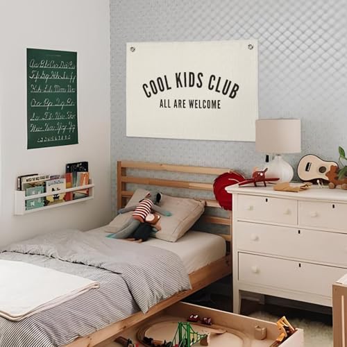 Cool Kids Club Banner, Playroom Decor, Playroom Essentials, Kids Tapestry Wall Hanging Canvas Banner Flag Decor for Toddler Boy Nursery 20x30 - color: Cool Kids Club - White