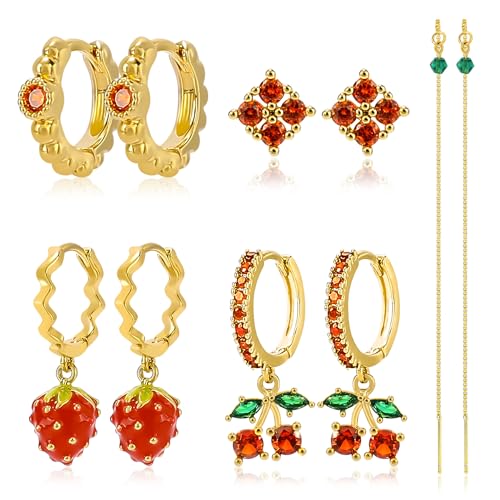 Gold Earrings Set for Women 14K Gold Plated Cubic Zirconia Love Heart Bowknot Clover Fruit Flower Insect Ocean Cross Huggie Hoop Earrings Stud Earrings Set for Multiple Piercing Party Jewelry Gifts - style: Strawberry and Cherry
