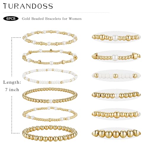 Turandoss 5PCS Gold Beaded Bracelets for Women Teen Girls, 14K Gold Plated - color: 6PCS White Seed Beaded Bracelets