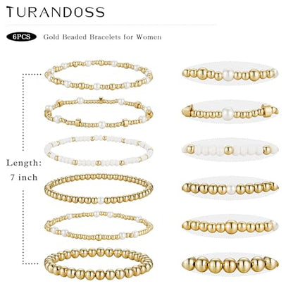 Turandoss 5PCS Gold Beaded Bracelets for Women Teen Girls, 14K Gold Plated - color: 6PCS White Seed Beaded Bracelets