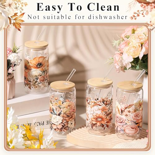 Mumufy 4 Pack Fall Flower Glass Cup, 16 oz Tumbler Mug with Bamboo Lid - style: Fall Flower