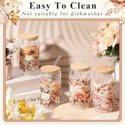 Mumufy 4 Pack Fall Flower Glass Cup, 16 oz Tumbler Mug with Bamboo Lid - style: Fall Flower