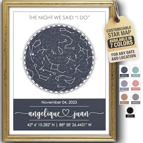 Custom Star Map - Fully Personalized (Your Details, Size, Color, Framing) | Romantic Gifts for Her | Gifts for Husband | Paper Anniversary Art Print | Great Gift for Special Ocassions (e.g. Wedding, Birthday, etc) - color: Blue, size: 11x14, style: Accent