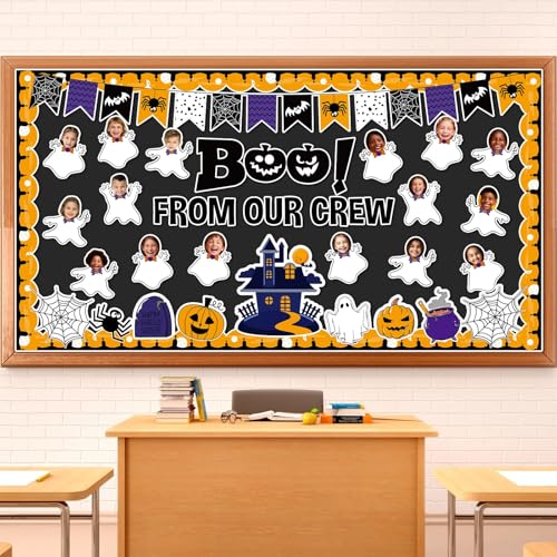 Halloween Ghost Bulletin Board Set Classroom Decorations Pumpkin Castle Paper Cutouts BOO Ghost Pattern Spider Web DIY Photos Bulletin Board Halloween Party Back to School Nursery Classroom Wall Decor - style: Ghost