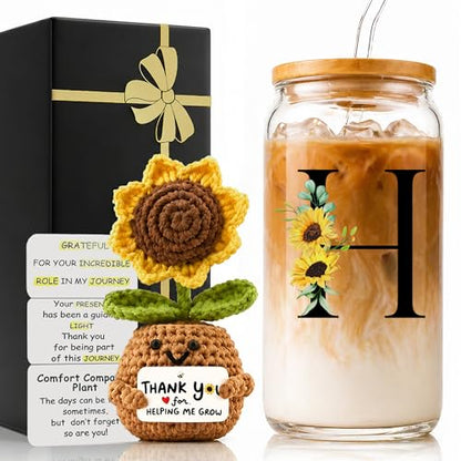 2 in 1 Personalized Glass Drinking Cup and Sunflower Doll Sympathy Bereavement Memorial Gift for Loss of Condolence Remembrance Father Dad Mother Mom Kids Husband Wife Loved One Pet Dog Cat Grieving H - style: Initial-H