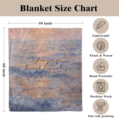 When You Go Through Deep Waters I Will Be with You Christian Throw Blanket, Religious Gifts for Women, Bible Verse Ocean Blanket for Bedroom Living Room Couch Sofa, 50x60 Inches - color: Blue