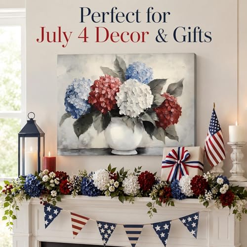 RIBNTAK Patriotic Hydrangea Wall Art USA Red White Blue Flower Vase Print Pictures Wall Decor Canvas Painting Artwork Decorations for Bedroom Bathroom Kitchen Living Room,Made in USA - color: Picture 10, size: 16"L x 24"W