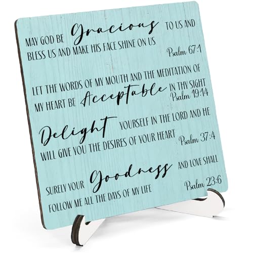 Blue-green Christian Wooden Sign Desk Decor, Inspirational Bible Verses Religious Wood Plaque Sign With Stand for Bedroom Home Office Desk Table Shelf Decoration, 5x5 Inch - color: Blue-green Faith, size: 5x5x1.1 in