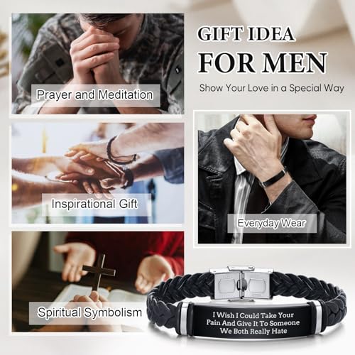 Leather Bracelet Sobriety Gifts for Men : Inspirational Quote/Bible Verse Engraved Braided Black Mens Bracelet for Him, Customized Religious Christian Gift Jewelry for Son/Dad/Boys/Boyfriend/Husband - style: 18:I Wish I Could Take Your Pain