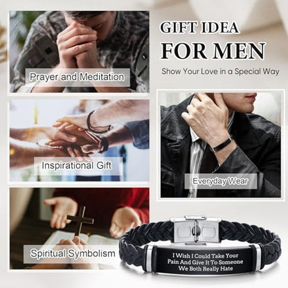 Leather Bracelet Sobriety Gifts for Men : Inspirational Quote/Bible Verse Engraved Braided Black Mens Bracelet for Him, Customized Religious Christian Gift Jewelry for Son/Dad/Boys/Boyfriend/Husband - style: 18:I Wish I Could Take Your Pain