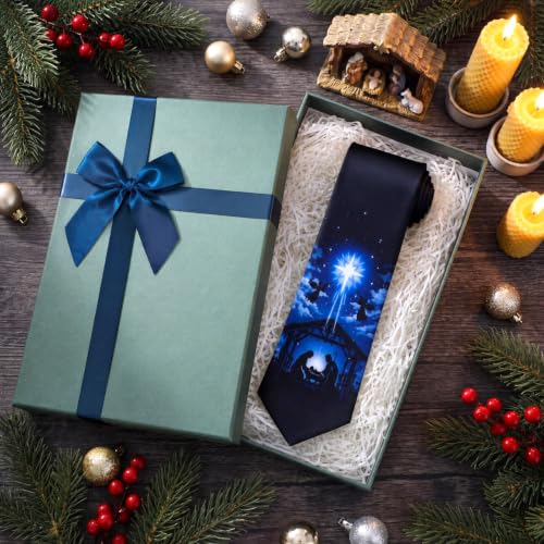 Christmas Nativity Ties Religious Necktie for Men Manger Scene Tie Religious Necktie for Celebrations - color: Blue, style: Nativity Scene