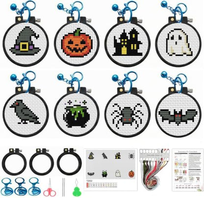 7 Pack Halloween Stamped Cross Stitch Kits for Adults Beginners with Frame - color: Halloween Cross Stitch Kits