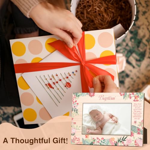 Baptism Wooden Picture Frame, Baby Girls Baptism Gifts from Godparents Friends and Family, Catholic Baby Gift, 4x6 Cute Flowers Design Picture Frame, Home Office Desktop Nightstand Decor -014 - color: Flowers-2