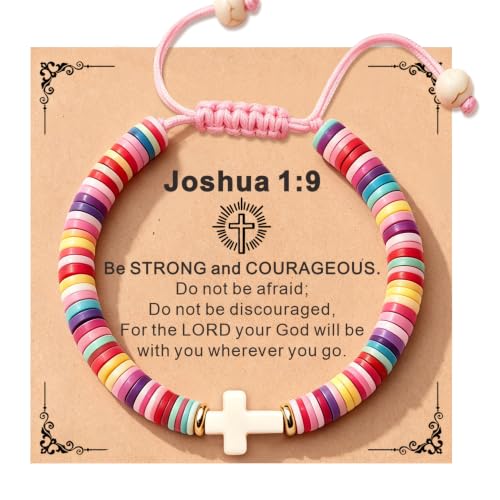 TAGOMEI Cross Bracelet Baptism Gifts for Girl Kids Women Christian Gifts - color: Pink, Joshua 1:9