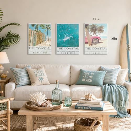 CXQILVER Coastal Beach Canvas Wall Art Set of 3, Modern Ocean Surfing Seascape Wall Decor Retro Newspaper Beaches Poster Prints Summer Preppy Pictures for Bedroom Living Room Girls Dorm 12x16in Framed - color: Blue coast, size: 16"L x 12"W