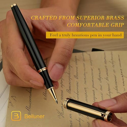 BEILUNER Luxury Rollerball Pen,24K Gold Trim,Noble and Elegant Designs,Schneider Ink Refill, Best Roller Ball Pen Gift Set for Men & Women, Professional, Executive Office, Nice Pens - color: ,Black and Gold