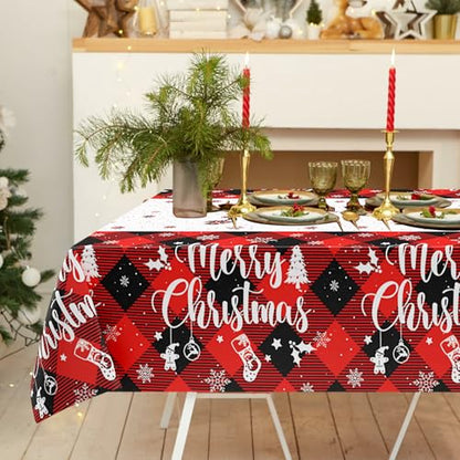 3 Pcs Christmas Buffalo Plaid Snowflake Tablecloth - color: Buffalo Plaid Snowflake