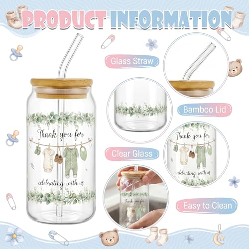 Glass Cups with Lids and Straws, 4Pack, 16oz, Boho Baby - color: Baby Shower