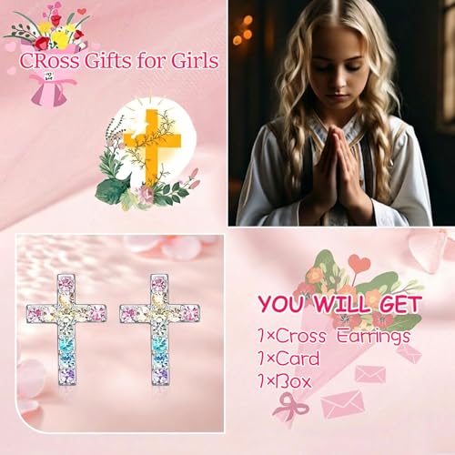 Cross Stud Earrings for Women,Cubic Zirconia Rainbow Cross Earrings Gifts Jewelry for Sensitive Ears,Communion Birthday Baptism Gifts for Girls - color: Always Remember