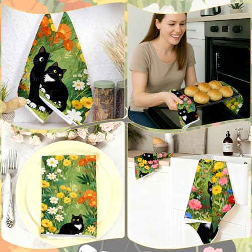 4pcs Cute Cat Kitchen Towels, 16x24 Inches Black Cat Flower Dish Towels - color: Colorful Cat Floral-02