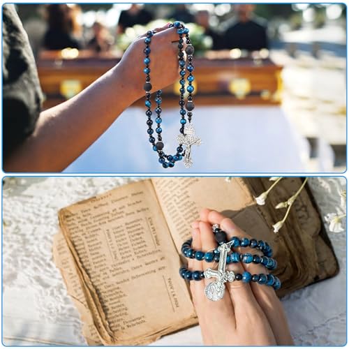 Huwena Rosary Beads Catholic for Men Blue Necklace Tiger Eye Beads with Medal Cross Prayer Crucifix Handmade Gift Supplies for Men Women 20.87 in Our Lady of Grace Rosary Cross Necklace Catholic Gifts