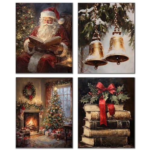 DOFQZ Rustic Christmas Wall Art Prints Set of 4, Christmas Home Room Decor, Vintage Winter Xmas Santa Bell Fireplace Tree Books Posters for Home Bedroom Living Room Decor, 8x10 Unframed - color: 05Child, size: 8*10