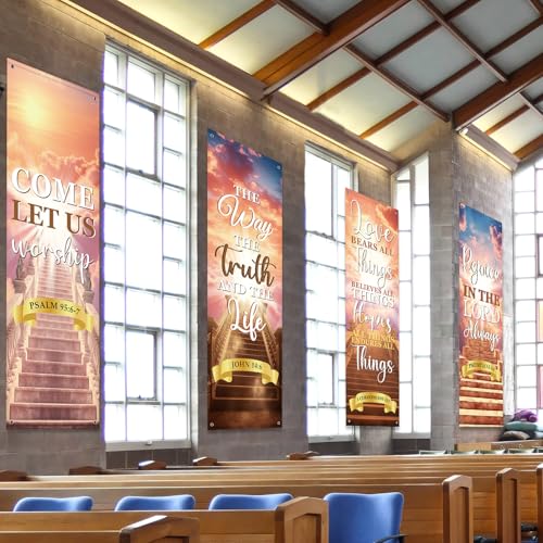 4Pcs Church Banners With Scripture Church Banners for Sanctuary Wall Worship Welcome and Holiday Religious Hanging Backdrop Stairway to Heaven Christian Porch Signs Decors for Churches School - style: Stairway to Heaven