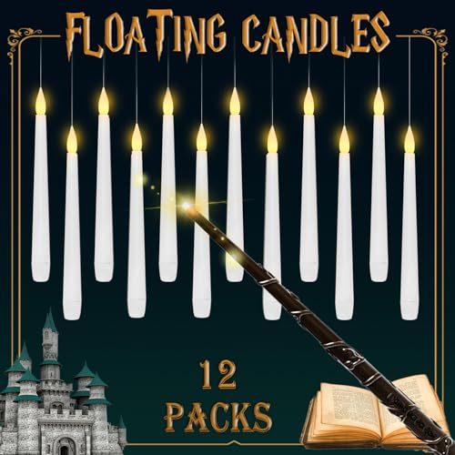 Lezonic Floating Candles with Magic Wand Remote, 12 Pack Hanging LED Candles, Flameless Flickering Taper Candles with 6H Timer, Battery Operated Candles for Halloween Christmas Party Home Decor - color: 12pcs(Wand)