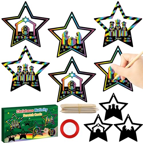 CY2SIDE 60PCS Easter Nativity Star Scratch Card Gift Set for Kid, DIY Jesus Birth Christian Scratch Paper Art for Kids School Activity, Religious Magic Art Rainbow Color Xmas Tree Hanging Ornament - style: Christmas Star
