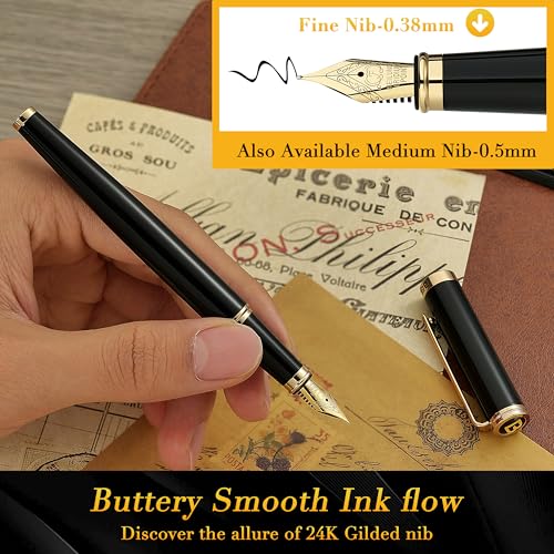 BEILUNER Black Personalized Fountain Pen,Stunning Luxury Lacquer,24K Gilded Nib(Fine),Gorgeous 24K Gold Finish, Ink Converter,Fancy Office Gift for Men&Women-Elegant, Graduation,Nice Pens for Writing - color: ,Black with Gold (Personalized), style: Fine N