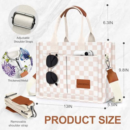 LHMTQVK Canvas Tote Bag for Women, Work & Bible Study Handbag - color: Khaki Grid