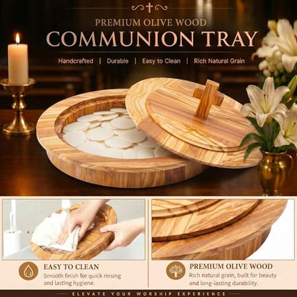 Zhehao 1 Pcs Wood Communion Bread Plate for Church Holy Communion Wafer Tray with Lid Elegant Worship Serving Plate for Church Service Ceremony (Olivewood Style) - style: Olivewood Style