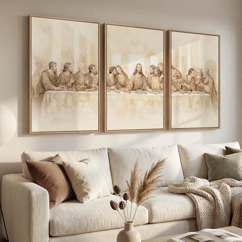 Large Framed The Last Supper 3 Piece Wall Art for Dining Room, 24x36 In - color: Last Supper, size: 24"W x 36"H