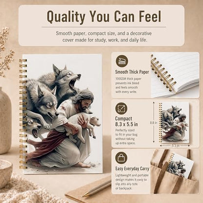 Jesus and Lamb Christian Spiral Notebook, Jesus Protecting Lamb from Wolves Journal, Christian Gifts for Women Men, Religious Hardcover Lined Notebook Journal, 5.5x8.3 Inch - color: pattern-4