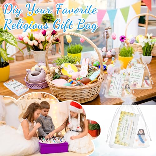 Bememo 50 Sets Christian Gifts Bulk Bible Verse Cards Include Little Jesus Figures Prayer Cards and Organza Bags for Religious Party Favors Sunday Baptism Gifts(Flower Style,Bright) - color: Bright, style: Flower Style