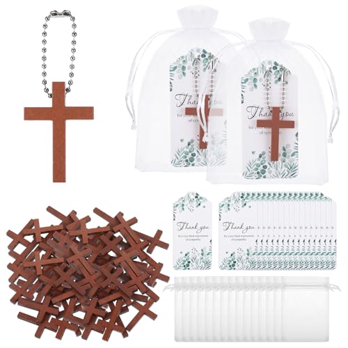 100 Sets Funeral Favors, Wooden Cross Keychain with Thank You Cards & Organza Bags – Memorial Guest Sympathy Gifts, Celebration of Life Keepsakes for Adults - style: Card 2