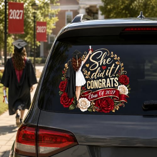 1PCS_11in She Did It 2027 UV Sticker, Senior Graduation Car Window Decal - color: Senior 1