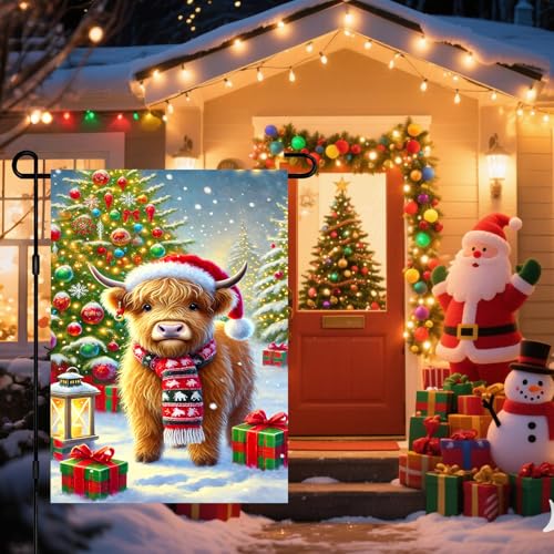BlissYard Christmas Highland Cow Garden Flag 12x18 Inch Polyester - color: Red, White, Green, Yellow
