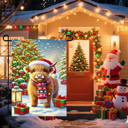 BlissYard Christmas Highland Cow Garden Flag 12x18 Inch Polyester - color: Red, White, Green, Yellow